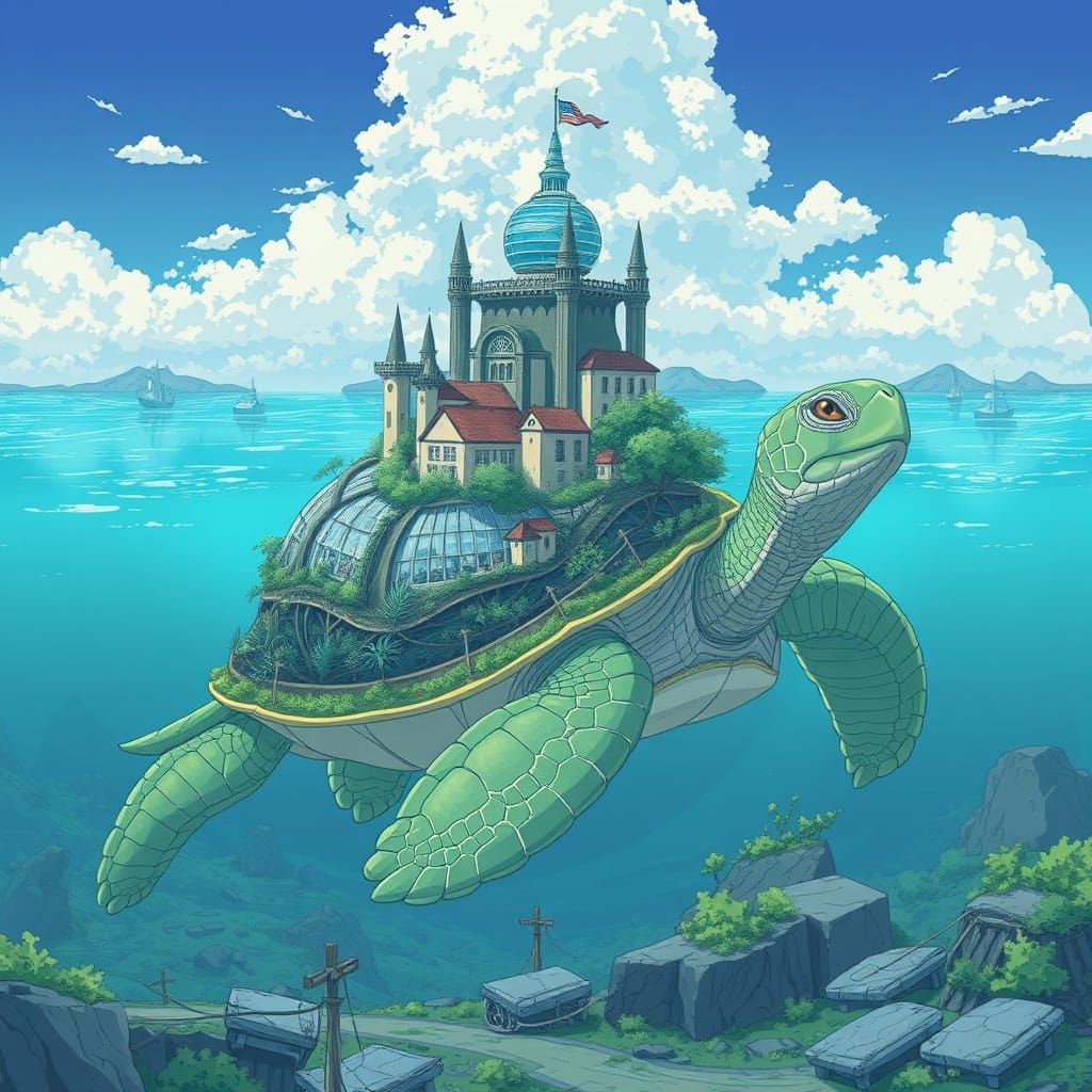Gigantic Turtle Supports Vibrant Anime-Inspired Metropolis