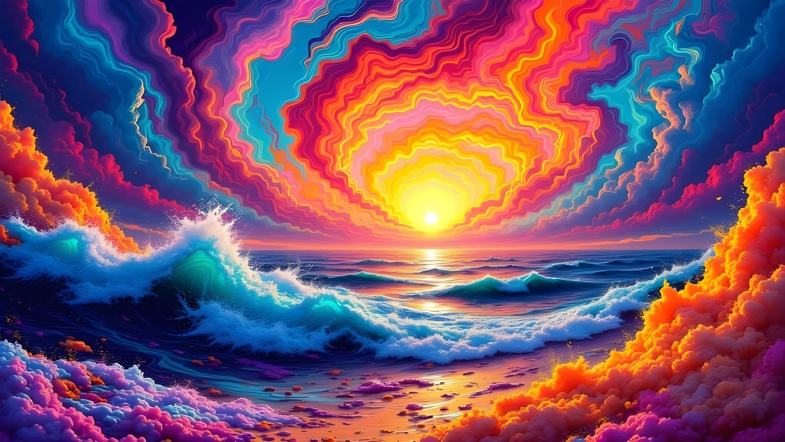 Psychedelic Ocean Sunset in Vibrant Orange and Blue
