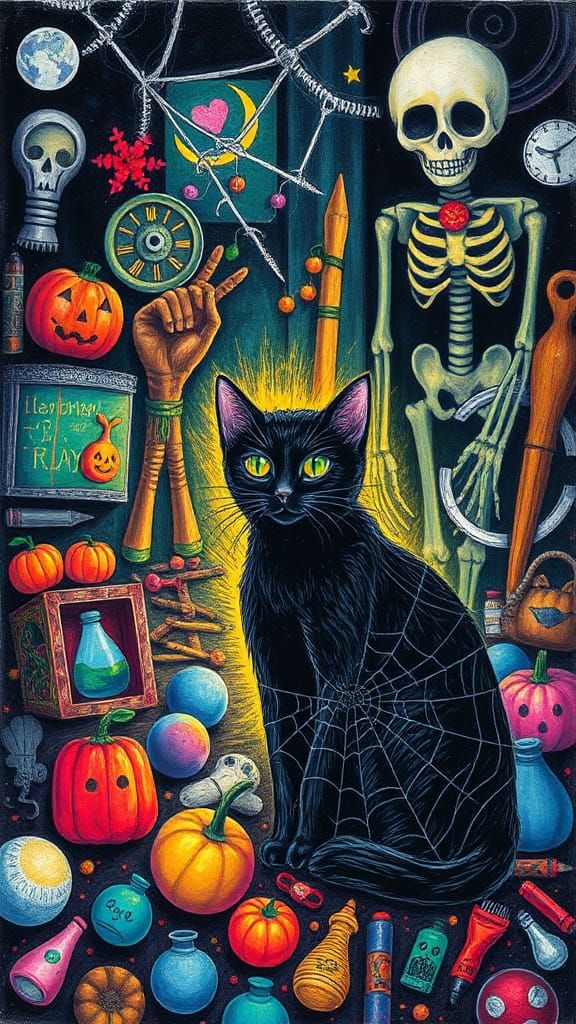 Surreal Halloween Scene in Childlike Crayon Drawing