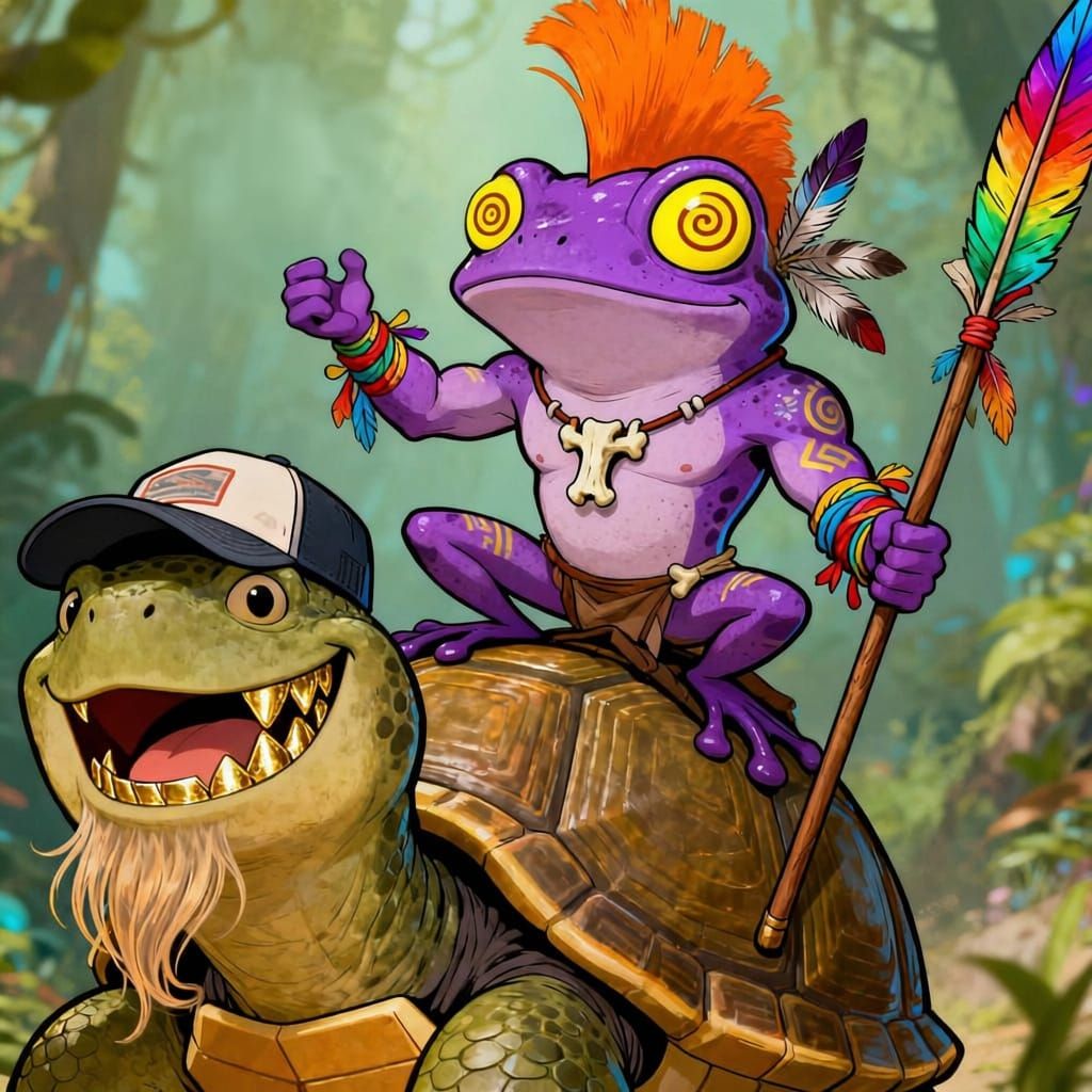 Cartoon Frog Surfing Turtle Catching Lightning Bug