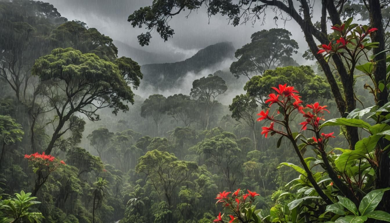 Lush Rainforest Canopy with Andes Mountains in HDR