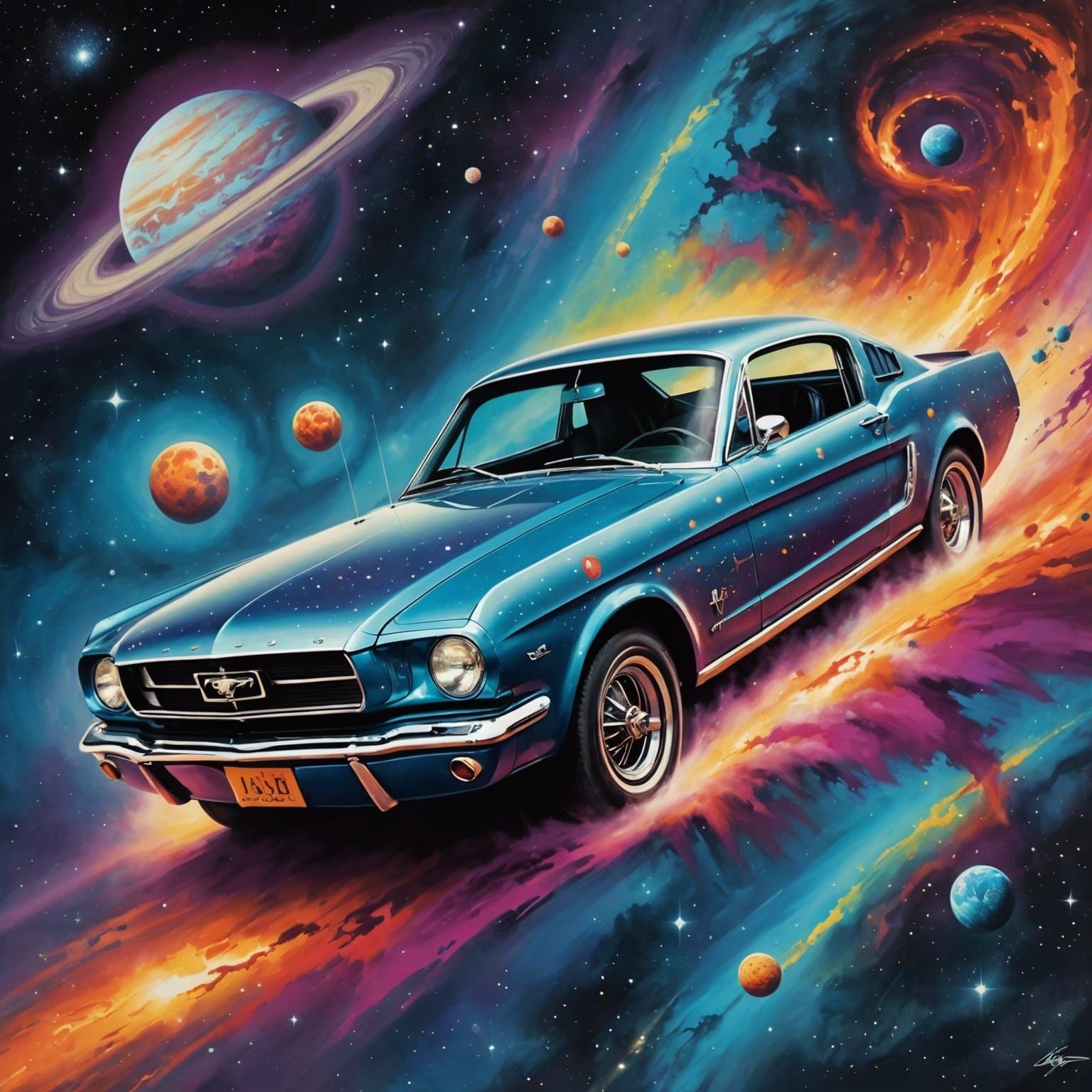 Awesome 1965 ford mustang floating through outer space like a comet. Beautiful galactic nebula in background. graffiti a...