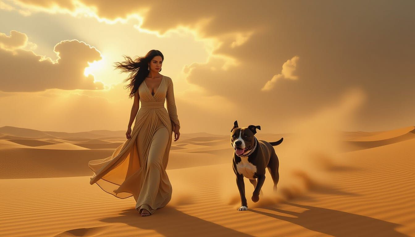 Syrian Woman and Dog in Desert Sandstorm