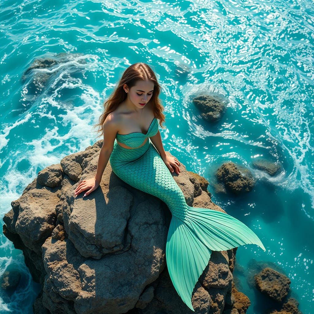 Mermaid in Turquoise Sea, Dreamy Surrealist Art