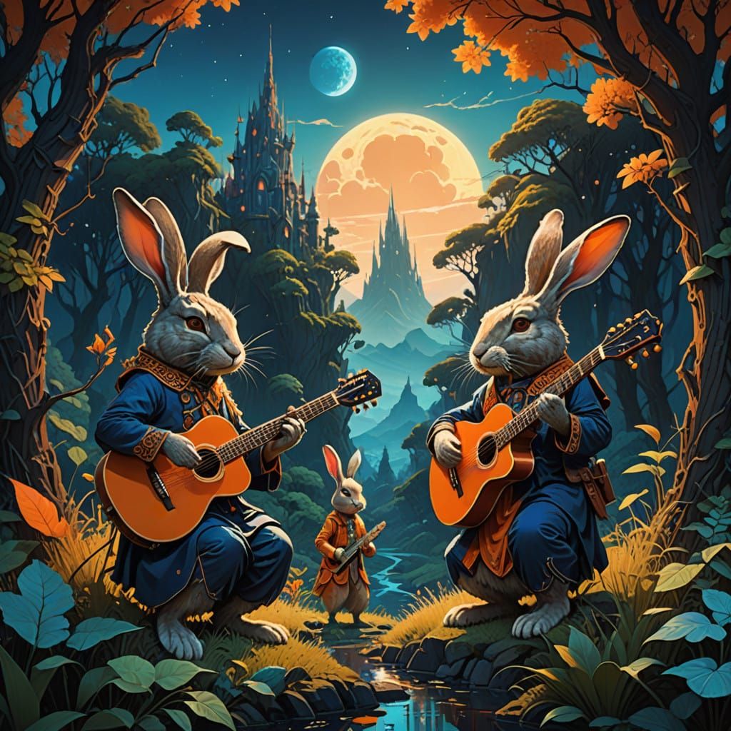 Mystical Rabbits Sing in Harmony, Surrounded by Ethereal Lan...