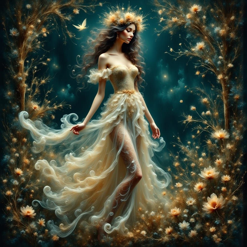 Ethereal Woman in Starry Enchanted Woodland