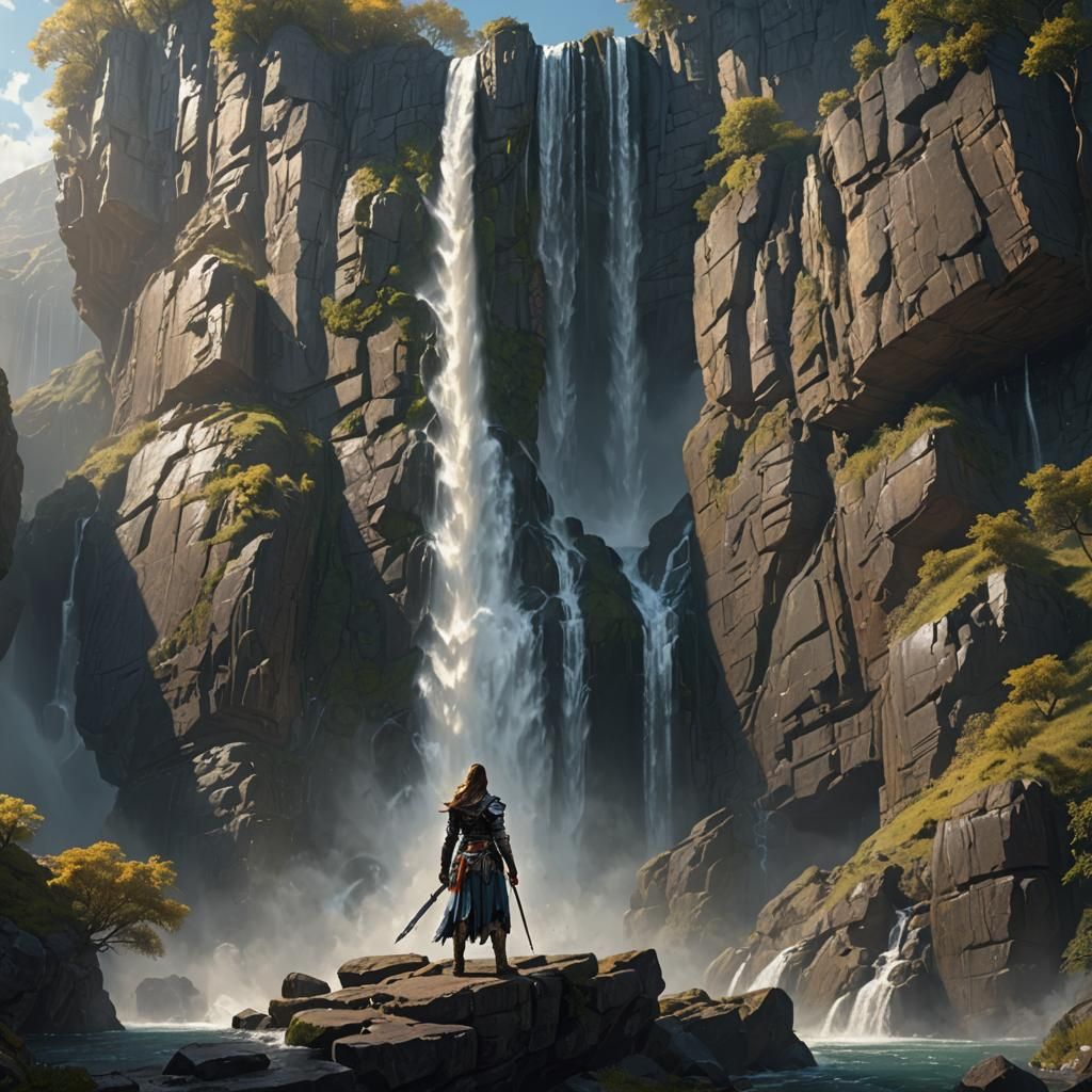 Warrior Woman at Waterfall: Fantasy Concept Art