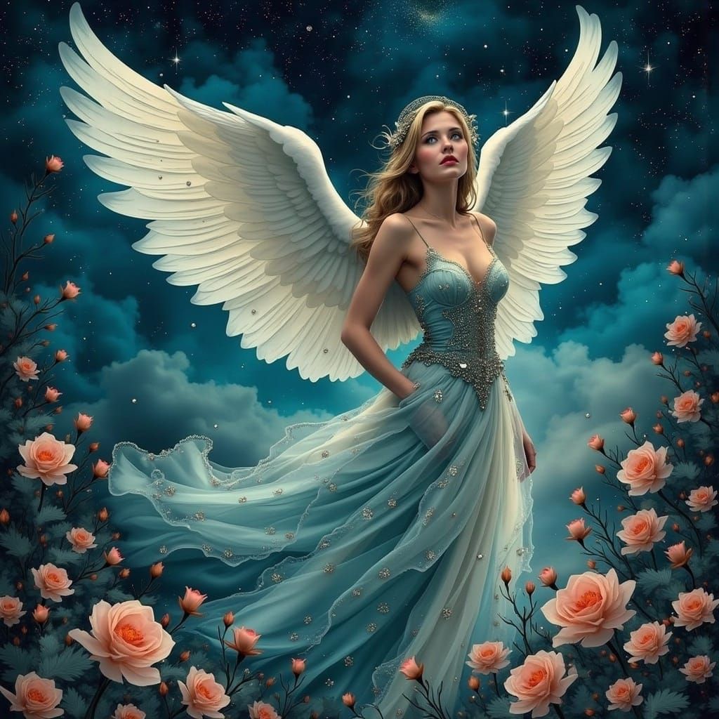 Guardian Angel Over Mystical Rose Garden