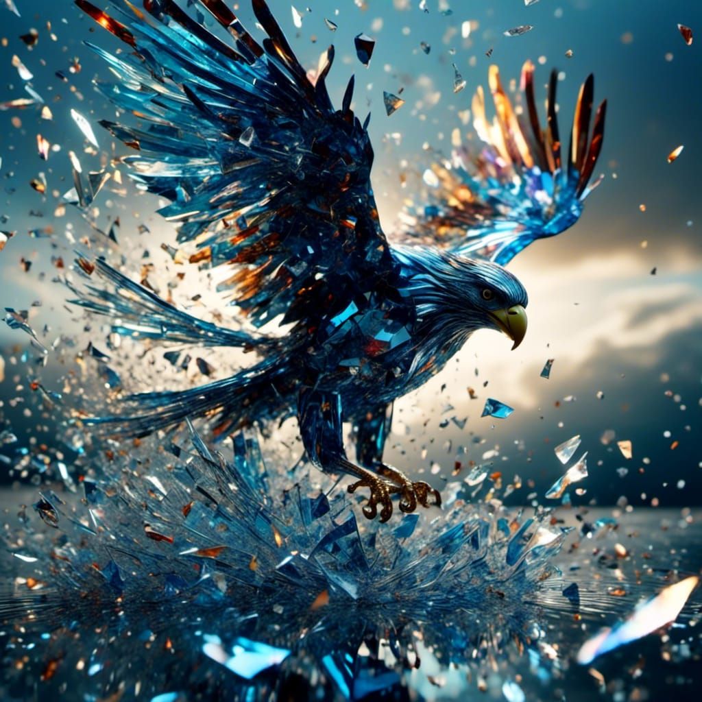 Shattered Glass Eagle Sculpture in Stormy Sky