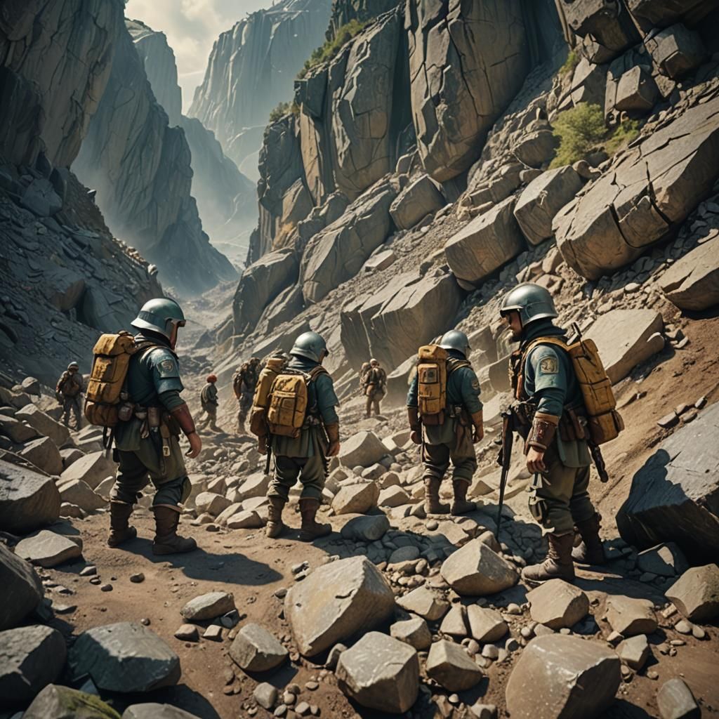 Armored Dwarf Scouts Discover Rockfall: Cinematic Still