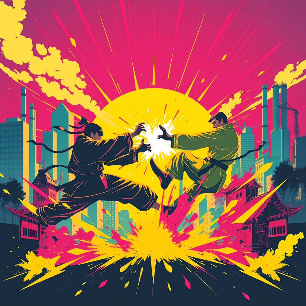 Dynamic Kung Fu Fight in Pop Art Cityscape