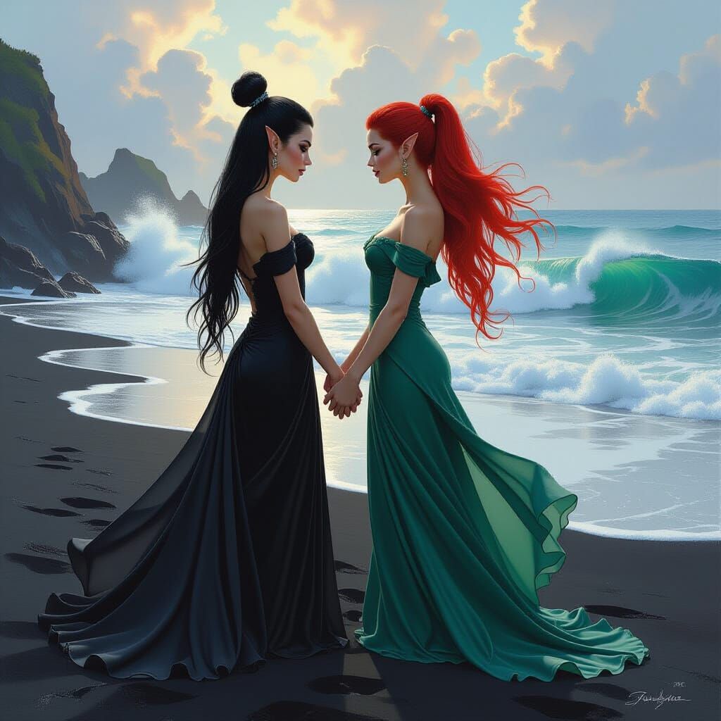 Elven Romance on Black Sand Beach as Oil Painting