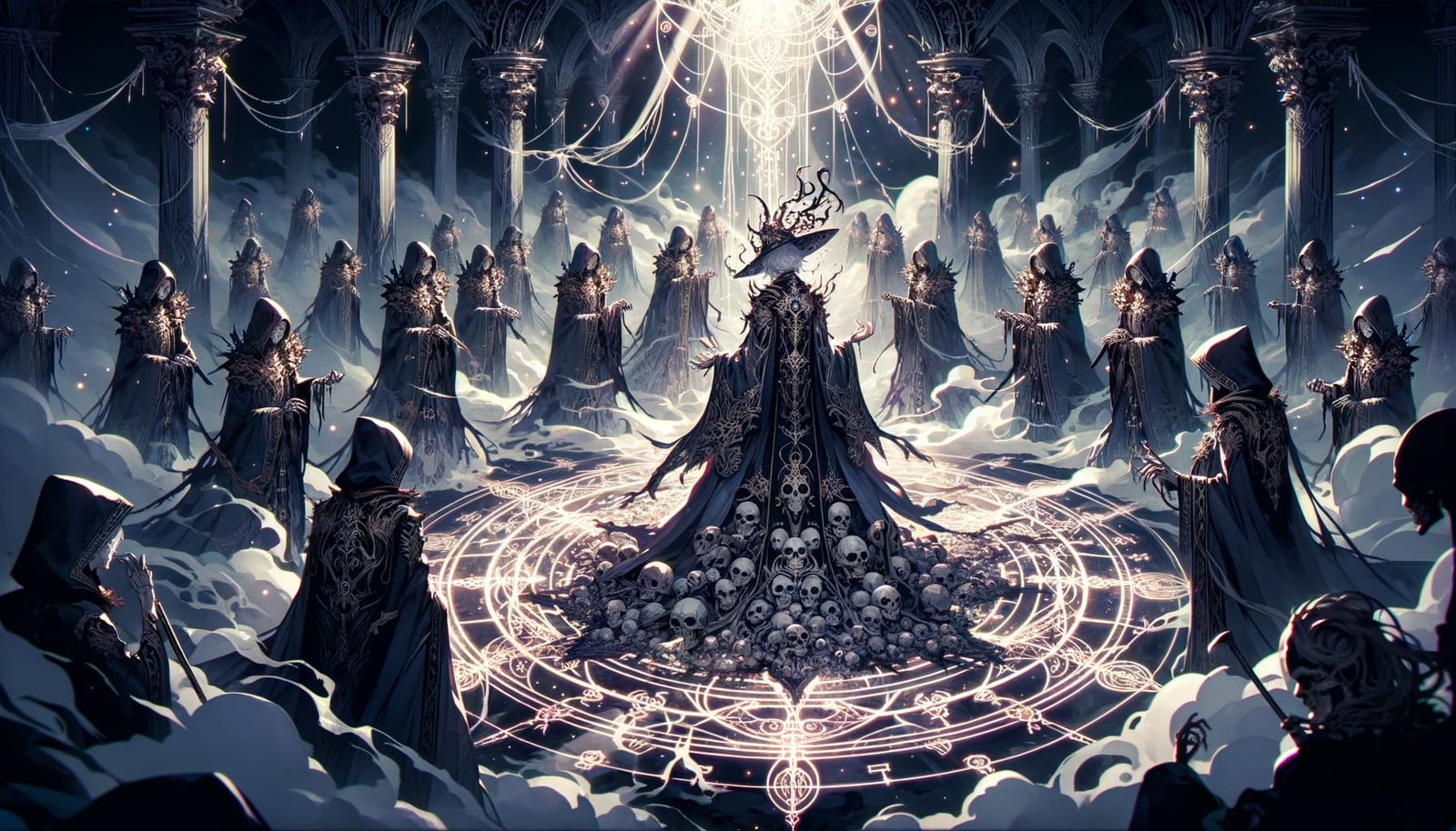 Anime necromancer mage, invocation circle, invocation squelettes