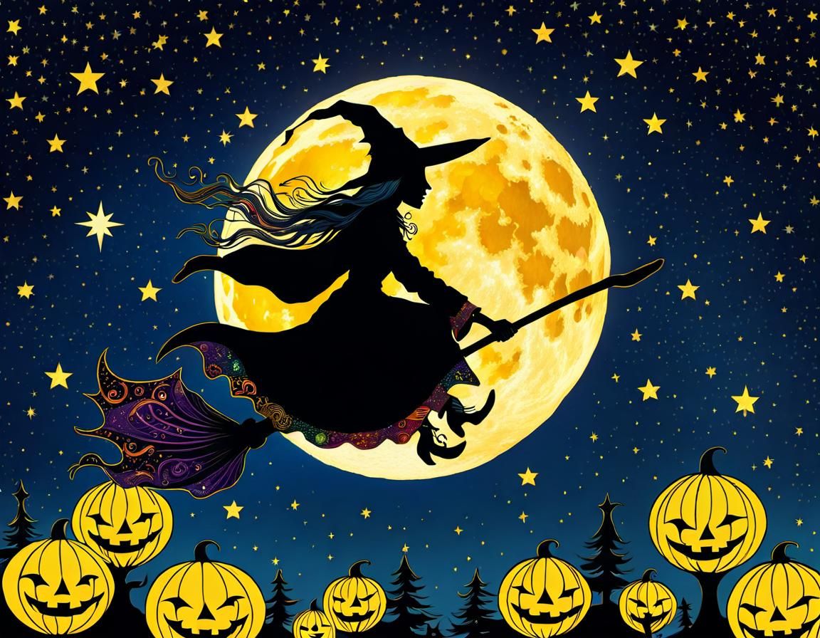 Patchwork Witch Rides Broom Through Starry Sky