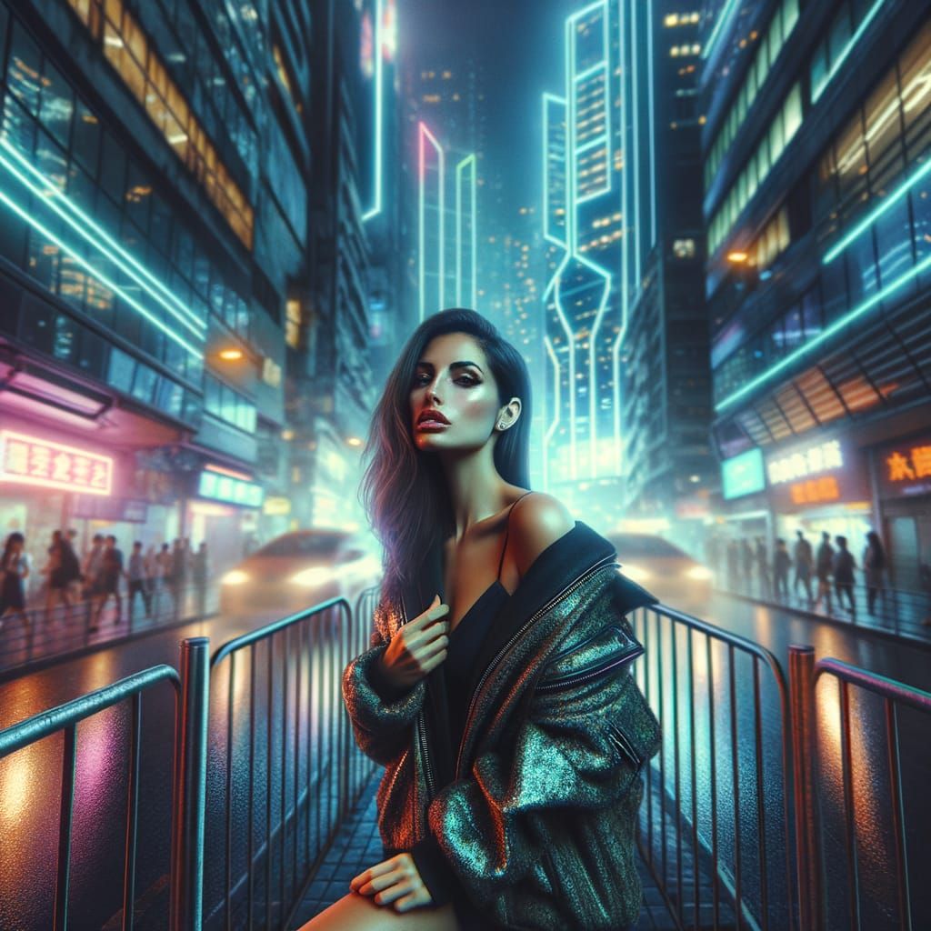 Cyberpunk Hispanic Woman in Neon City at Midnight