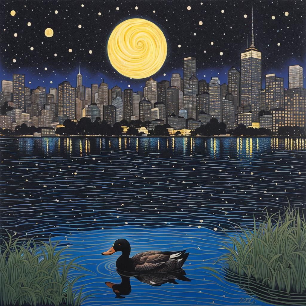 Duck in Pond Under Starry Night Sky