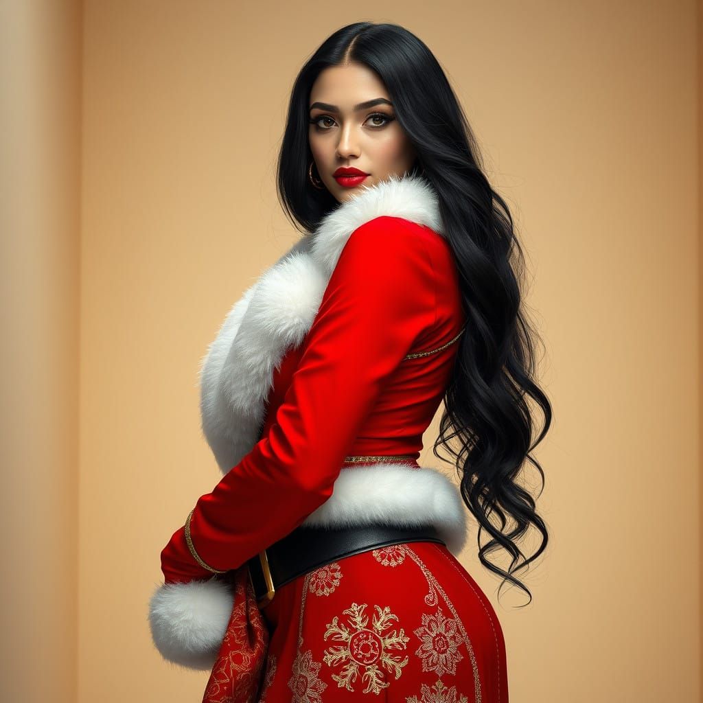 Elegant Arab Woman in Vibrant Christmas Dress, Minimalist Sa...