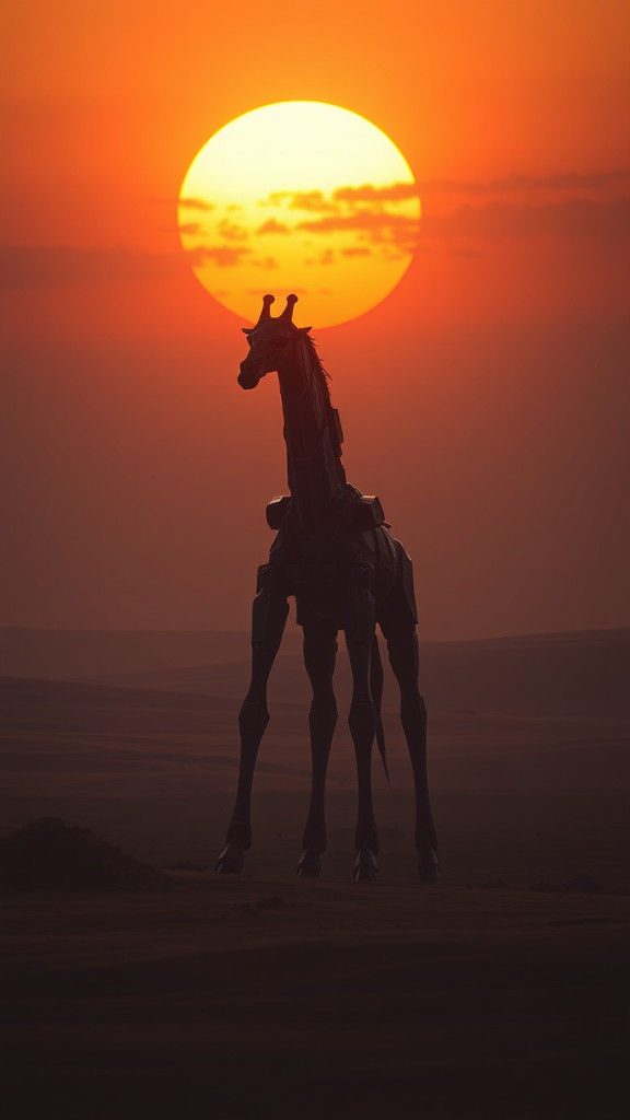 Mecha Giraffe Excavator in Desert Sunset: Dark Fantasy Art