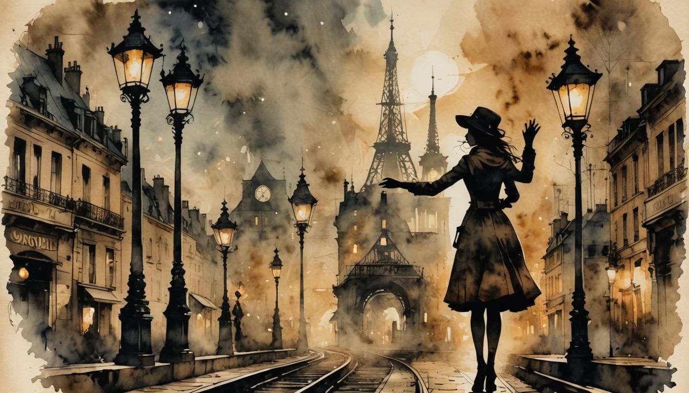Girl Waving at Train in Steampunk Ink Art
