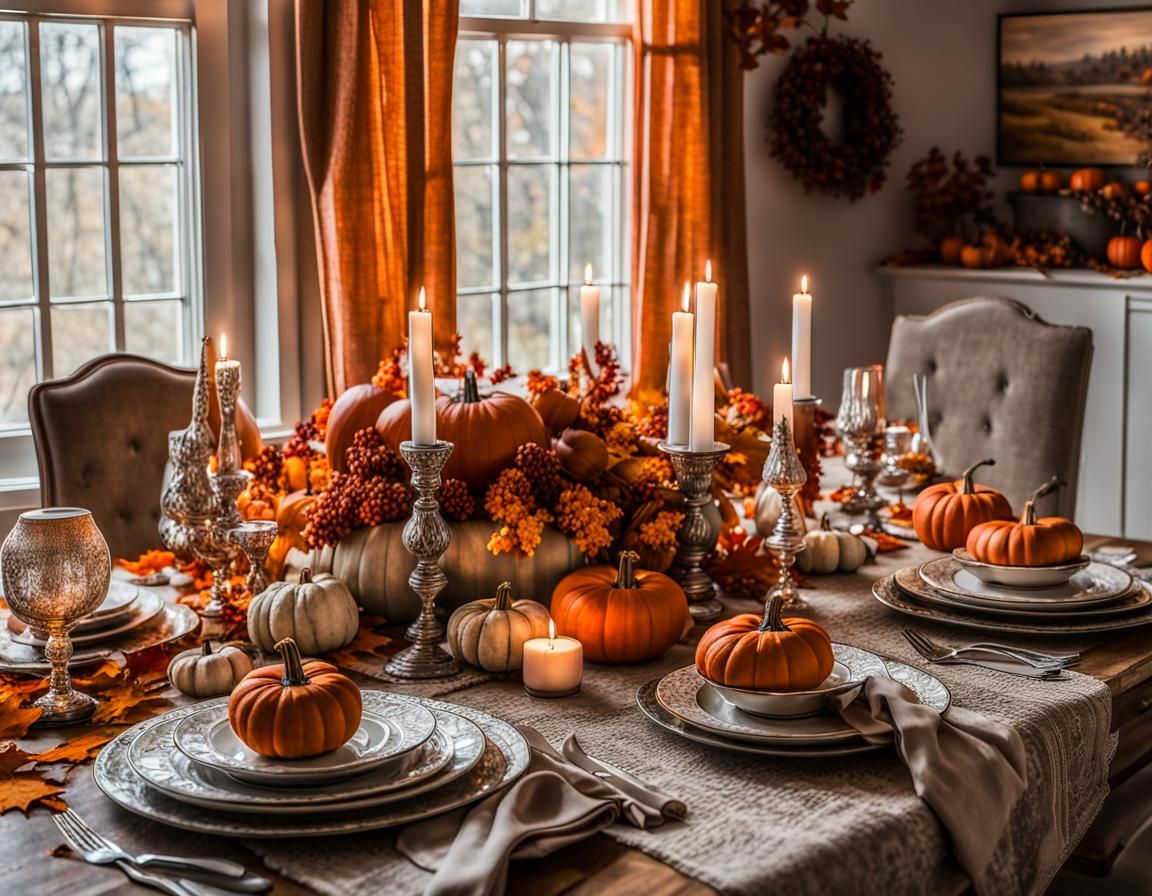 Detailed Thanksgiving Tablescape with Autumn Decorations