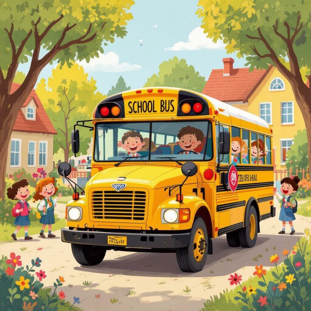 Smiling School Bus Scene in Children's Book Style
