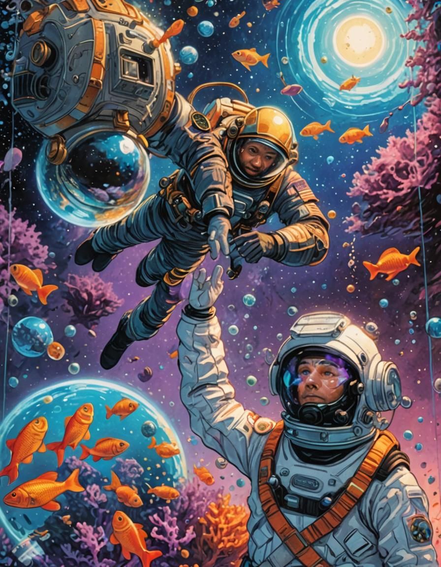 Diver Reaches Astronaut in Vibrant Sci-Fi Illustration