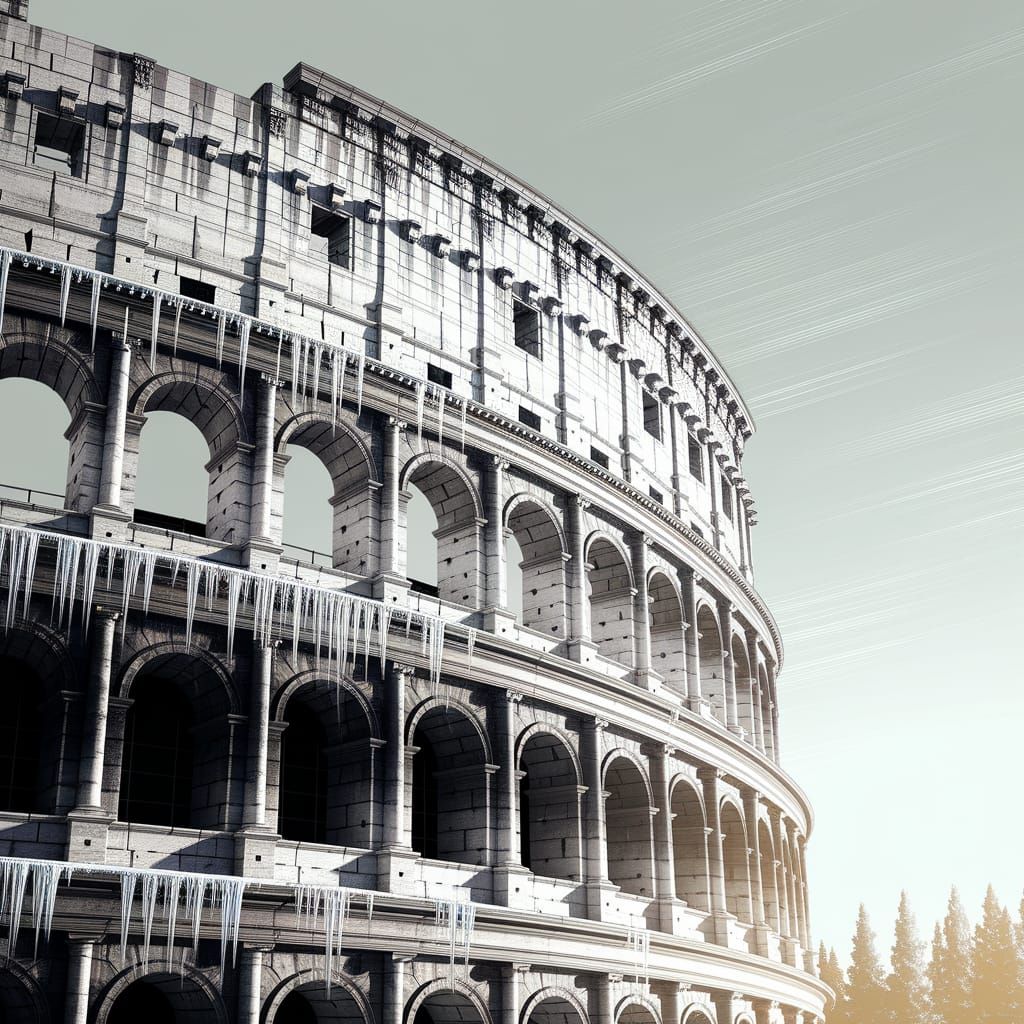 The Colosseum in Rome with icicles hanging from its arches, rendered in a realistic pencil sketch with fine shading and ...