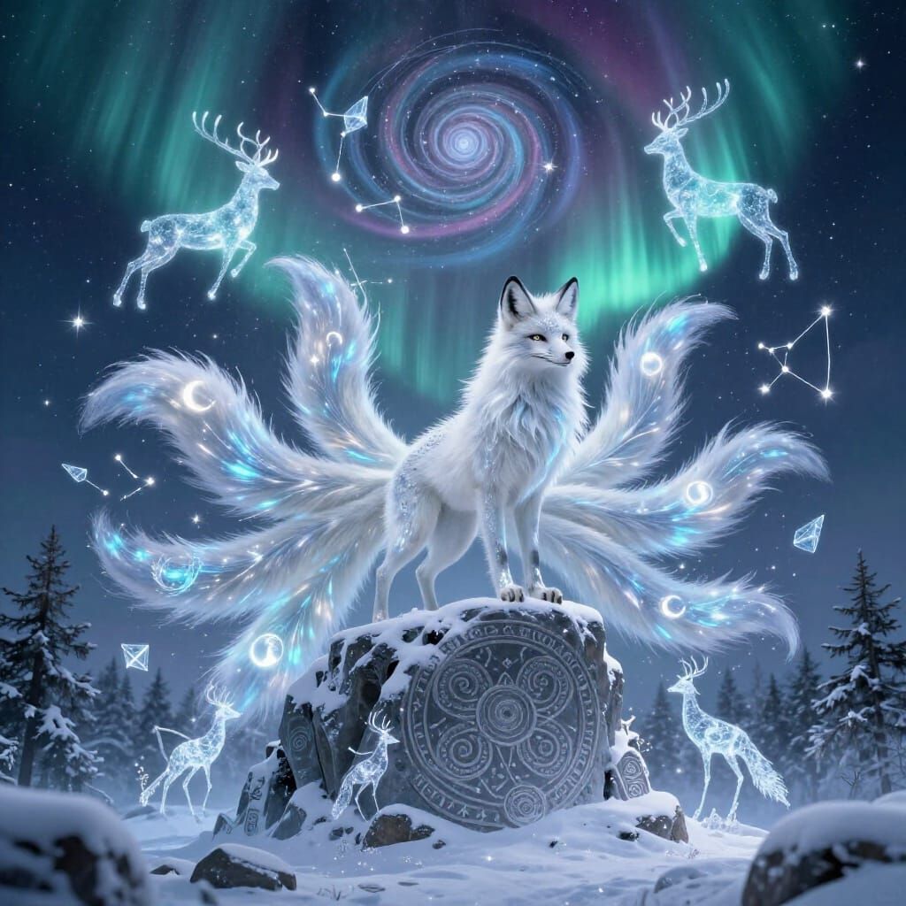 Nine-Tailed Fox Spirit in Aurora Light Over Rune Monolith