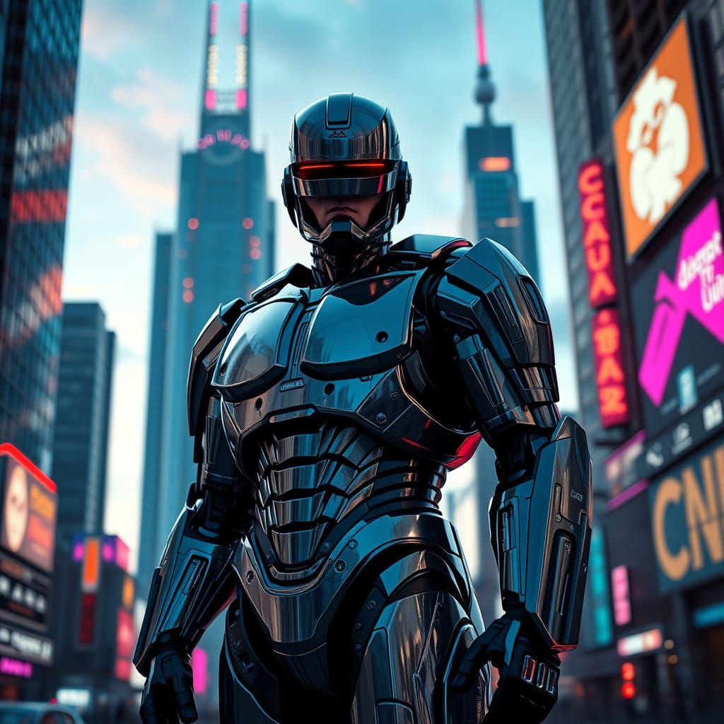 Futuristic Urban Landscape Featuring Robocop in Neon-Glowing...