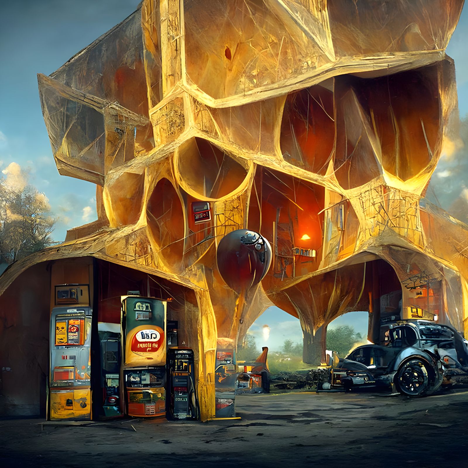 Honeycomb Gas Station in Hyperrealist Style