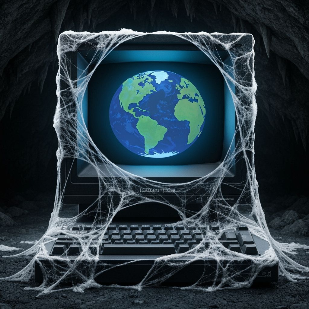 Old Computer Covered in Webs in Dark Cave