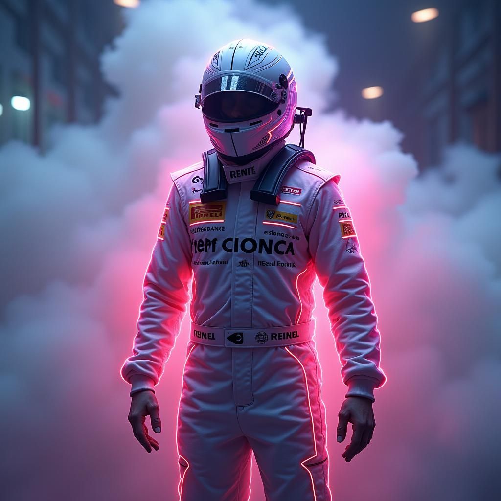 Heroic F1 Driver in Dreamlike Neon Environment