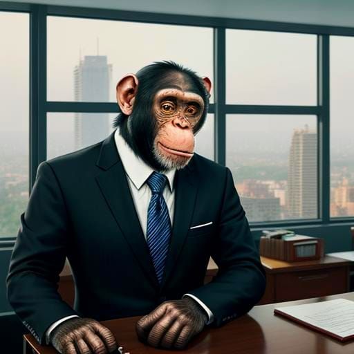Chimpanzee Businessman Smoking Cigar in Office