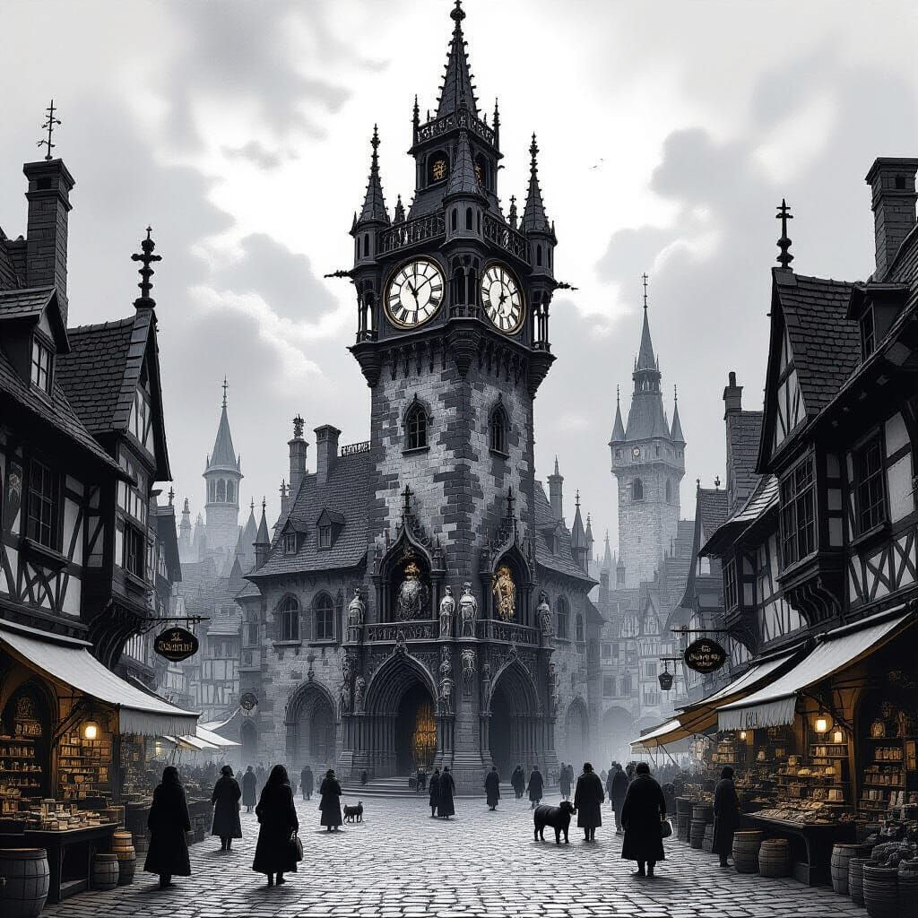 Gothic Clock Tower in Bustling Marketplace: Charcoal Drawing