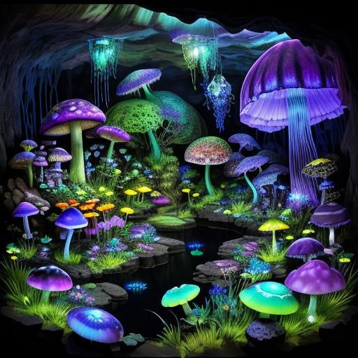 Blacklight Garden Cave with Mushrooms and Crystals