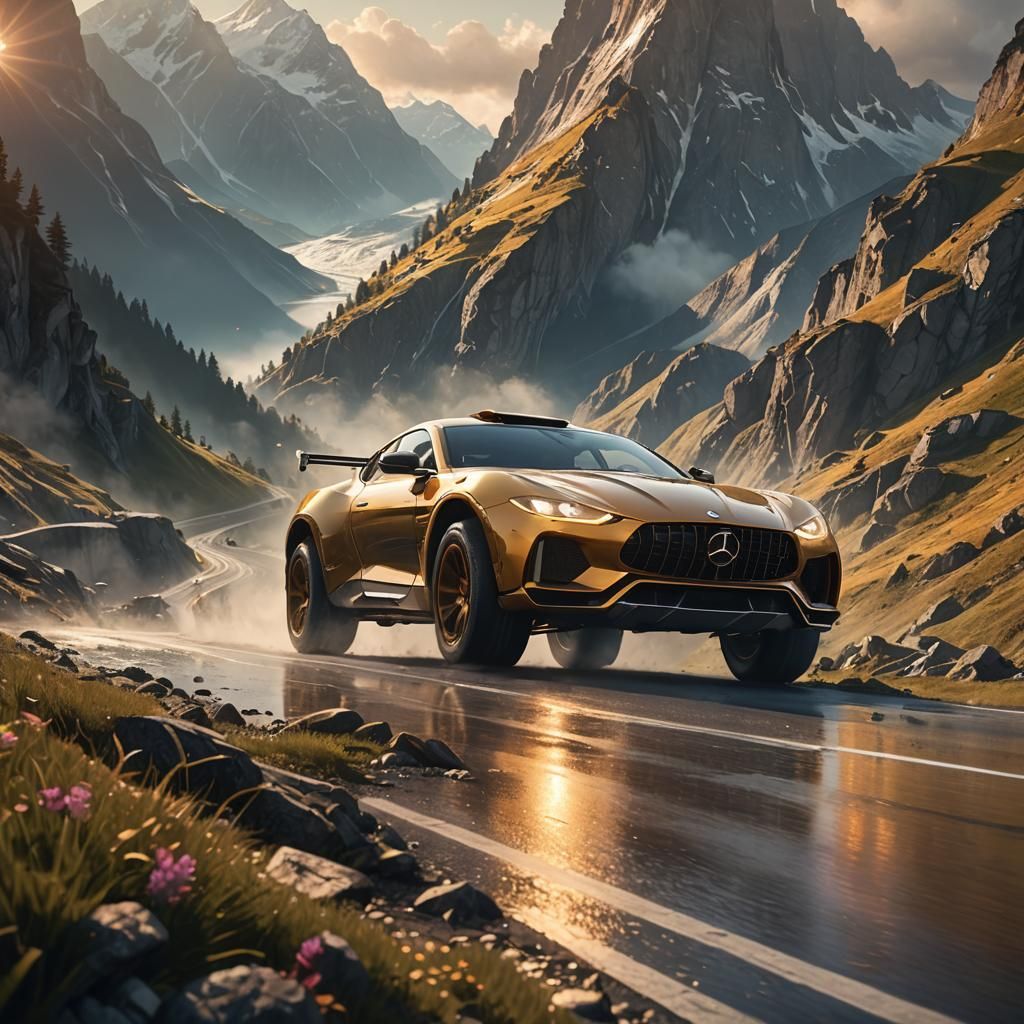 Luxury Car Races Through Swiss Mountains: Sci-Fi Concept Art