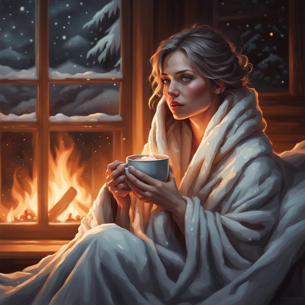 Cozy Winter Night Portrait by Fireplace