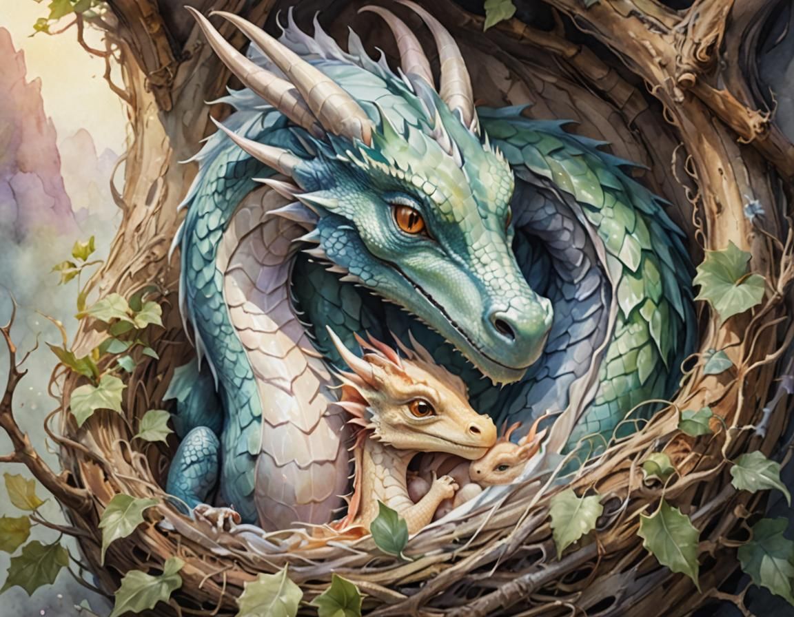 Mother Dragon and Babies in Watercolor Style