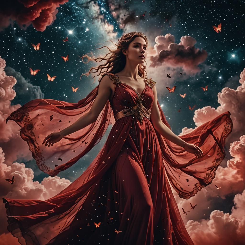 Goddess in Red with Moths and Galaxy Sky