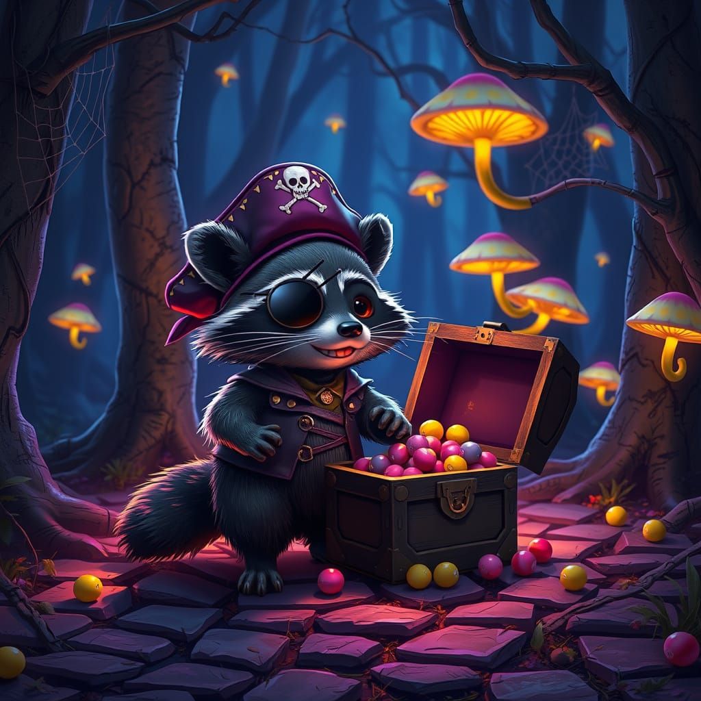 Pirate Raccoon Guarding Candy Treasure Chest