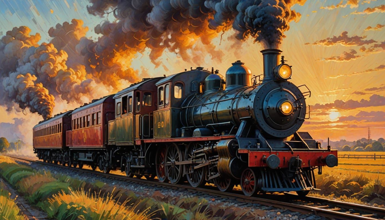 Vintage Steam Train in Impressionist Impasto Style