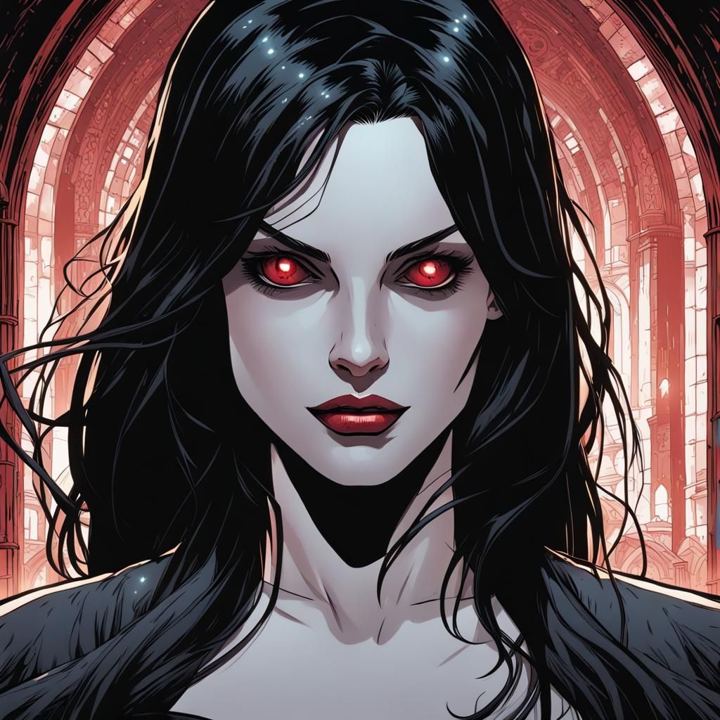 Pale Girl with Red Eyes in Dark Comic Art