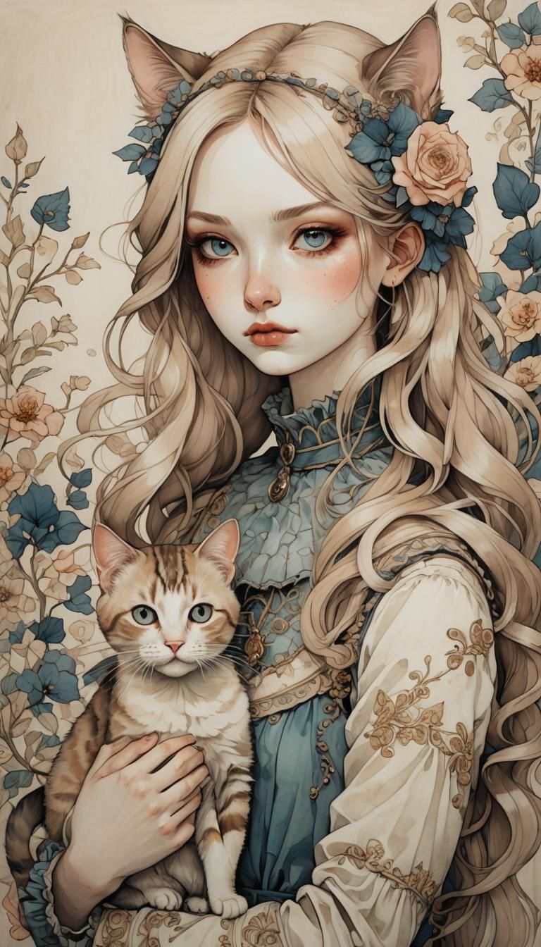 Girl with Cat in Pop Surrealist Style