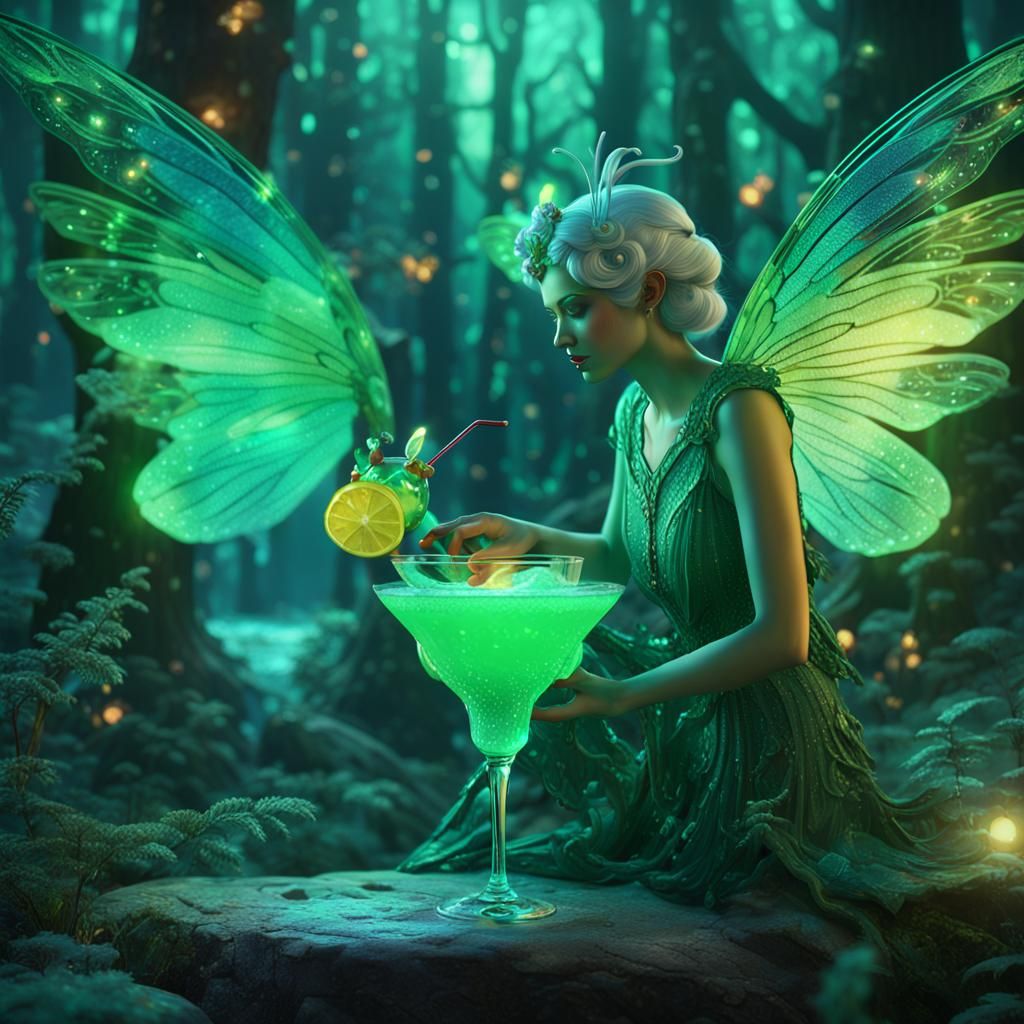 Iridescent Fairy Sipping Cocktail in Forest