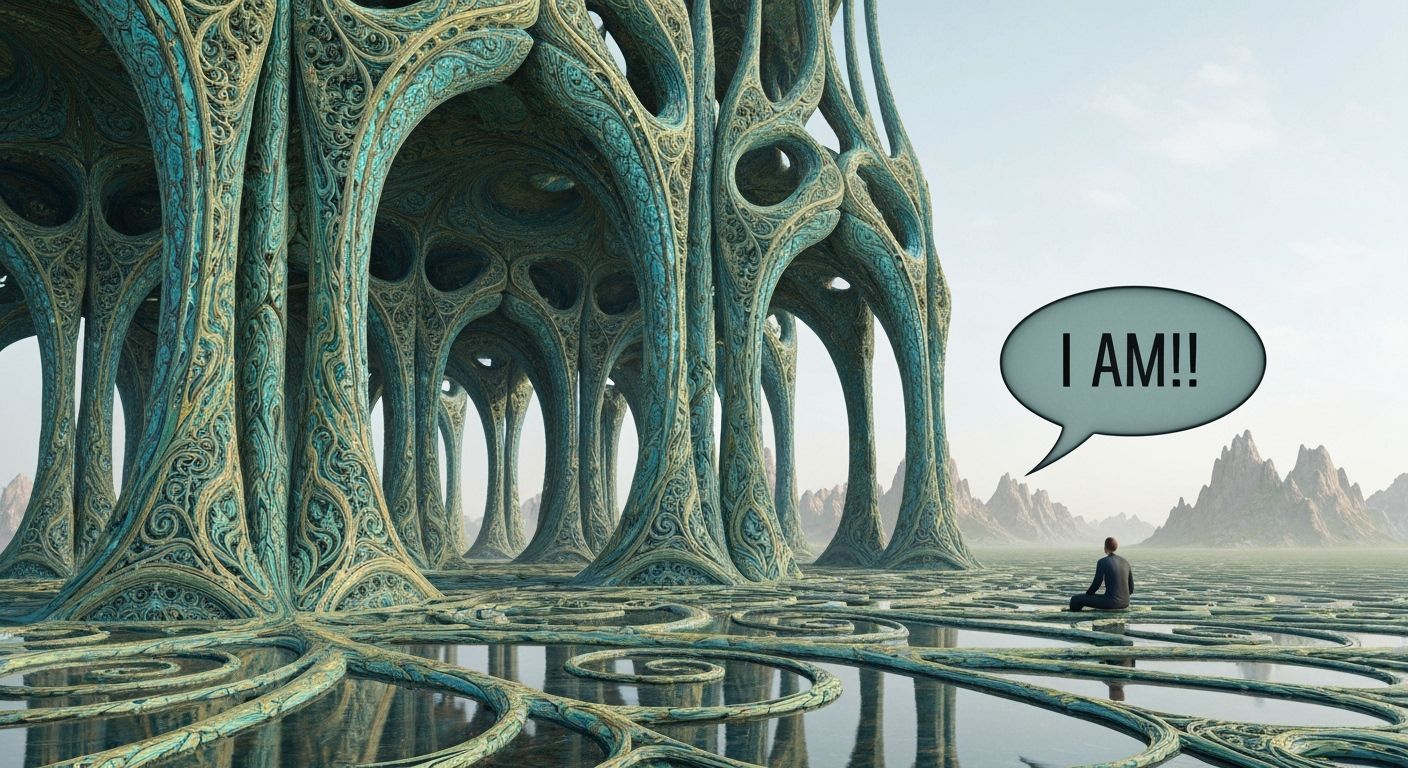 Lone Figure Gazes at Twisted Hills and Grand Arches