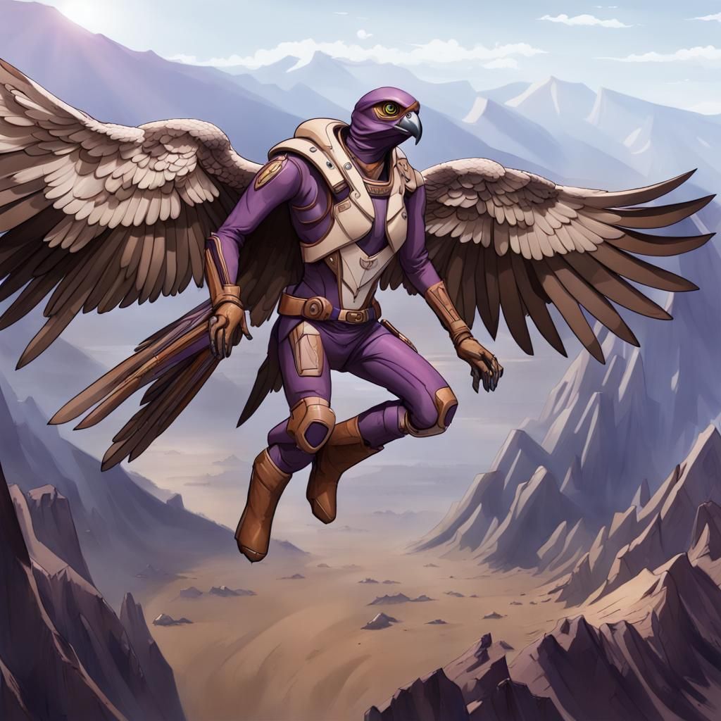 Hybrid Falcon Humanoid Soaring Above Mountains