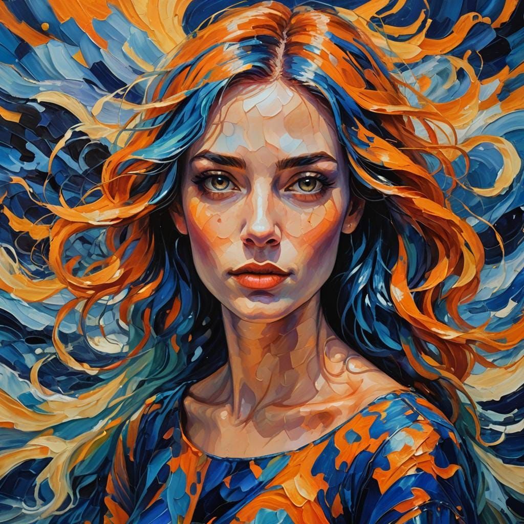 Blue-Haired Girl on Waves in Expressionist Style
