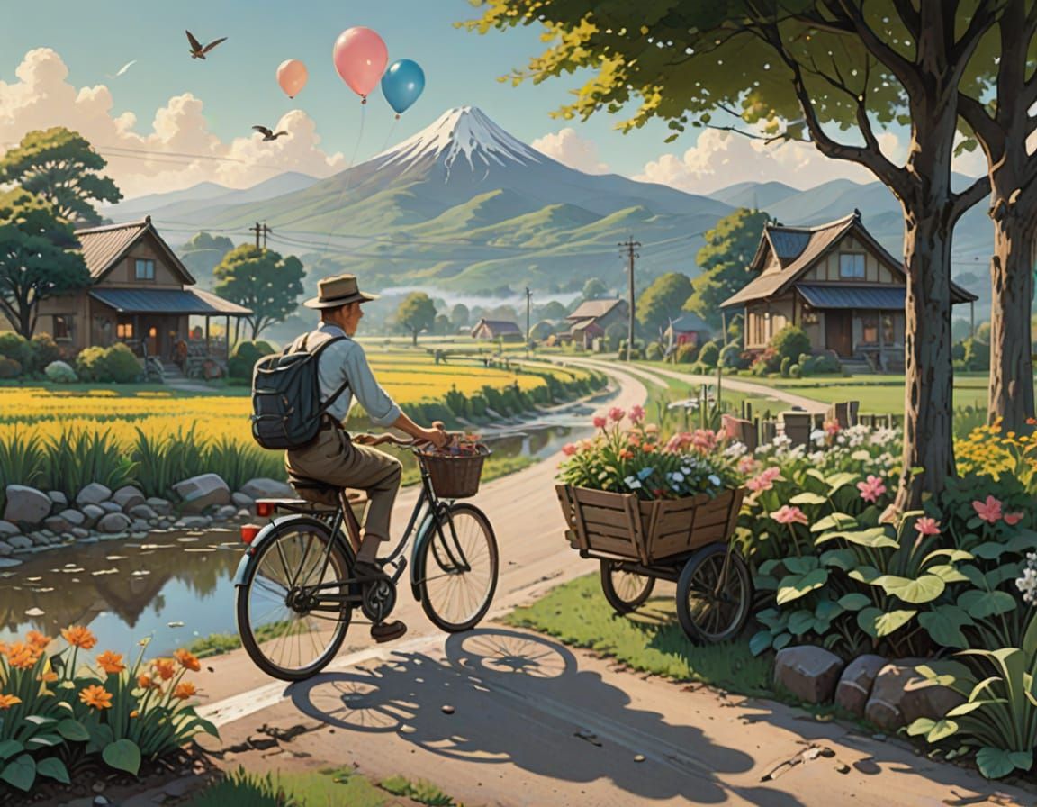 Man Riding Bicycle Through Golden Countryside Fields