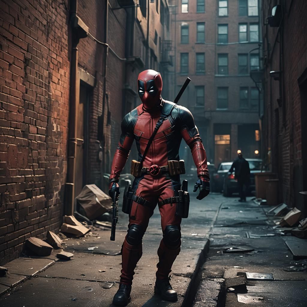 Deadpool in Dimly Lit Alleyway: Cinematic Film Still