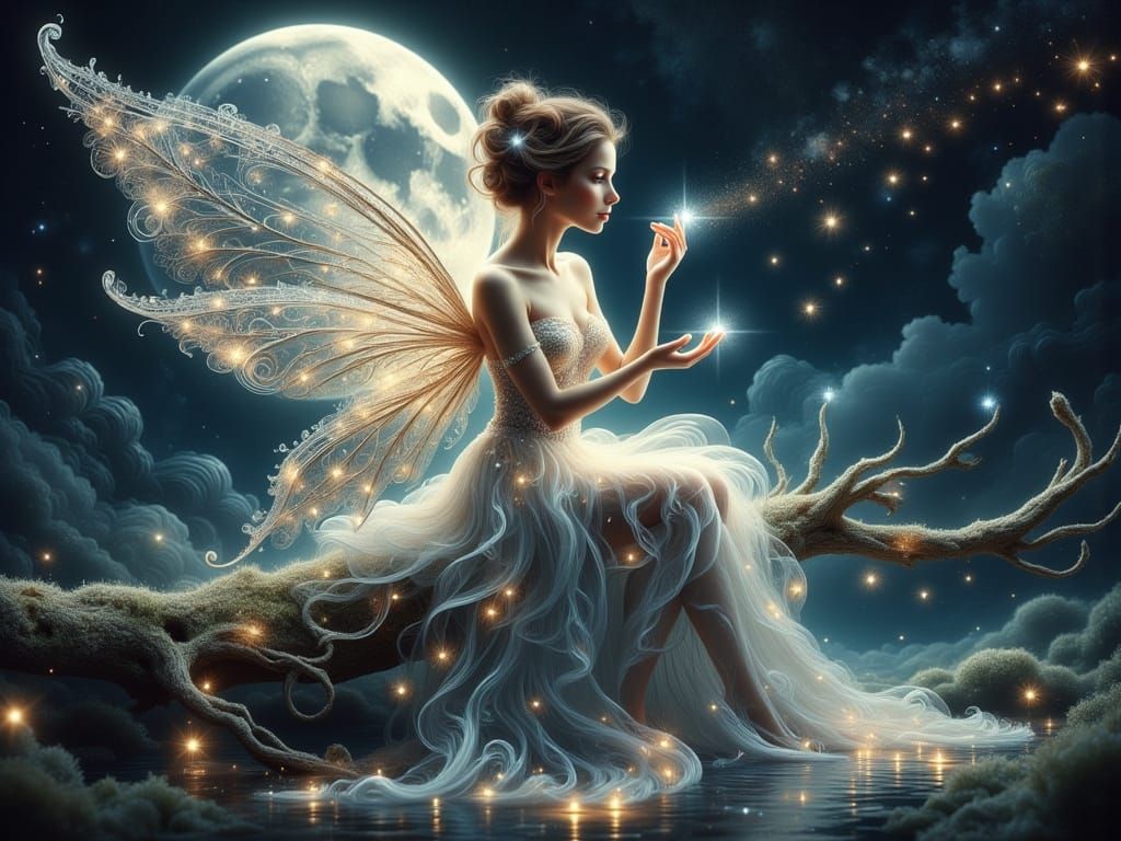 Ethereal Fairy with Flowing Hair and Luminous Dress